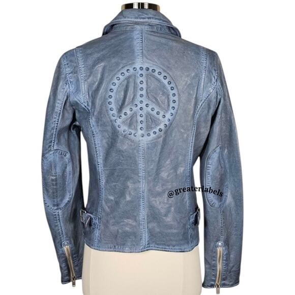Mauritius Maysie Peace Distressed  Leather Jacket Blue Size M/8 - Picture 2 of 13